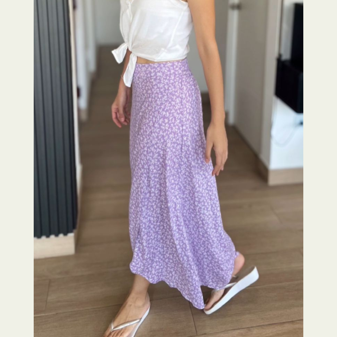 Falda, falda larga, falda lila, falda de lino