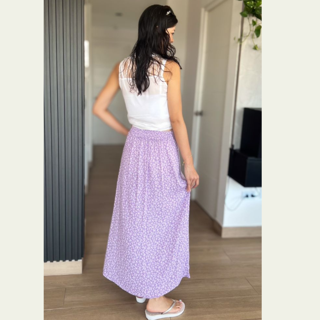 Falda, falda larga, falda lila, falda de lino