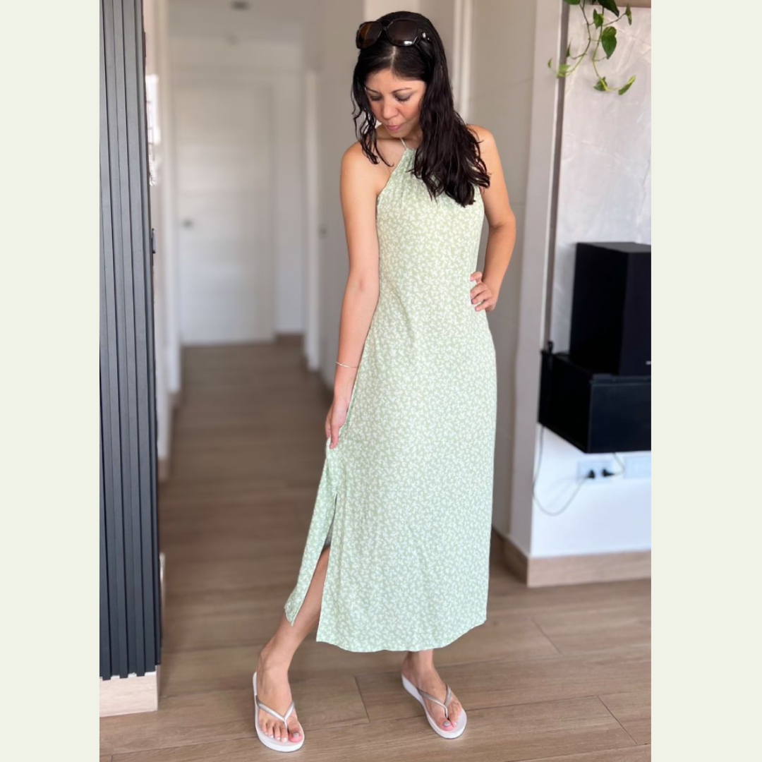 vestido largo, verano, vestido verde, lino