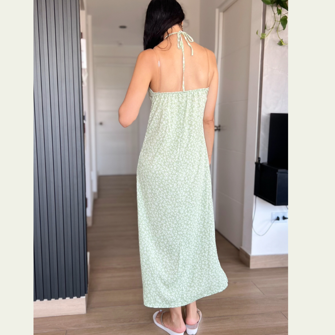vestido largo, verano, vestido verde, lino
