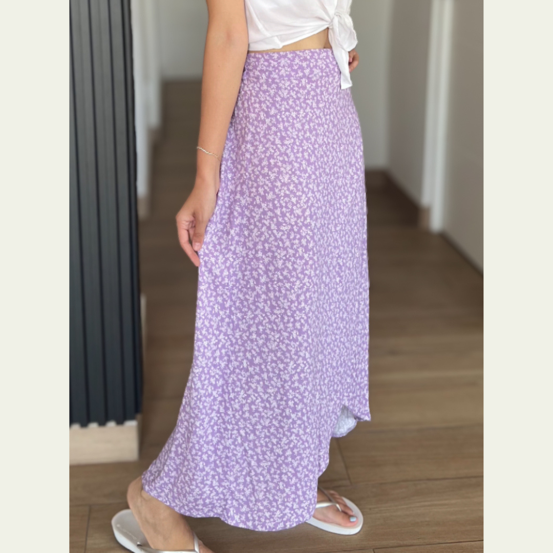 Falda, falda larga, falda lila, falda de lino