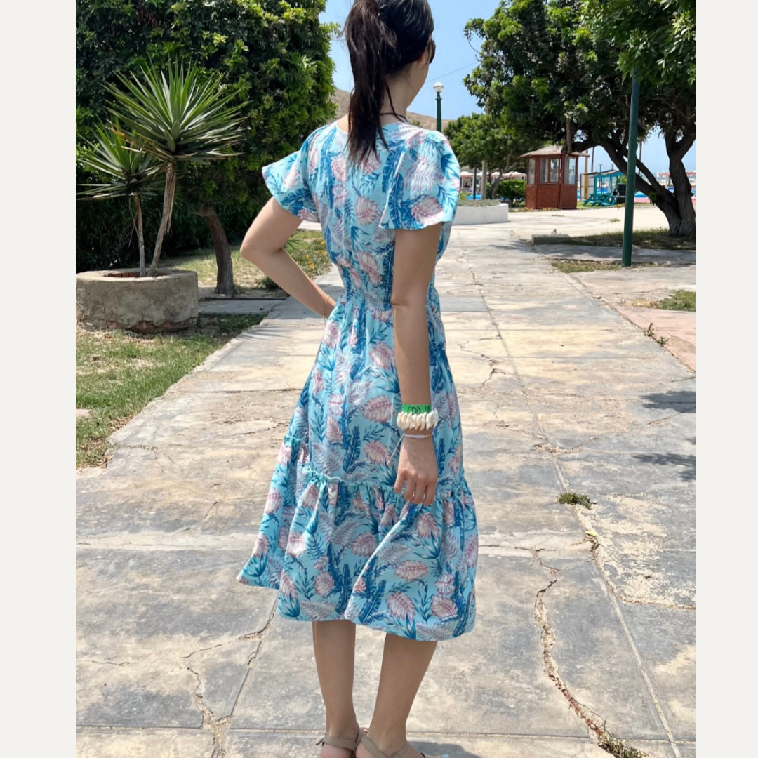 vestido casual, seda francesa, vestido largo, vestido celeste