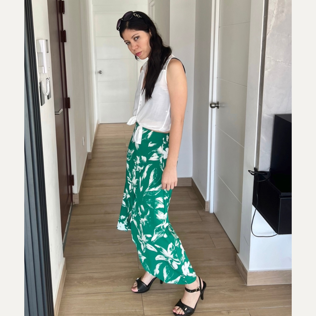Falda larga, falda de seda, falda verde