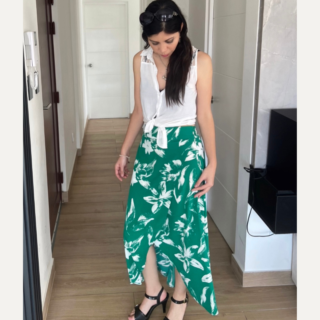 Falda larga, falda de seda, falda verde
