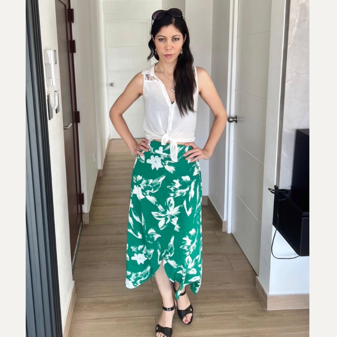Falda larga, falda de seda, falda verde